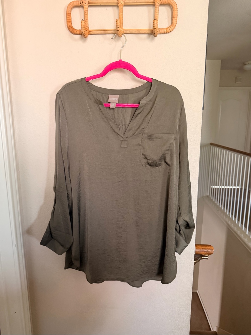Chico's Olive Green V-Neck Roll-Tab Blouse